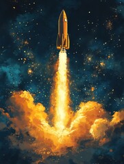 Fototapeta premium Rocket Launching into Space Illustration with Fiery Clouds and Starry Sky Digital Art Vertical View