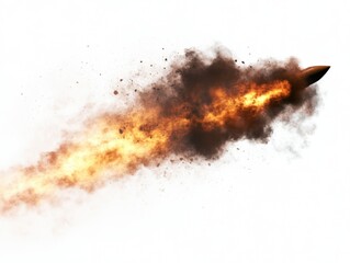 Bullet projectile in flight with fire and smoke on white background studio shot action concept