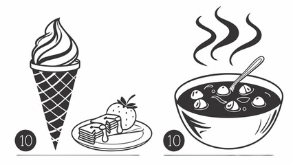 Black White Line Art Food Illustration Ice Cream Cone Dessert Hot Soup Bowl Drawing Numbers 10
