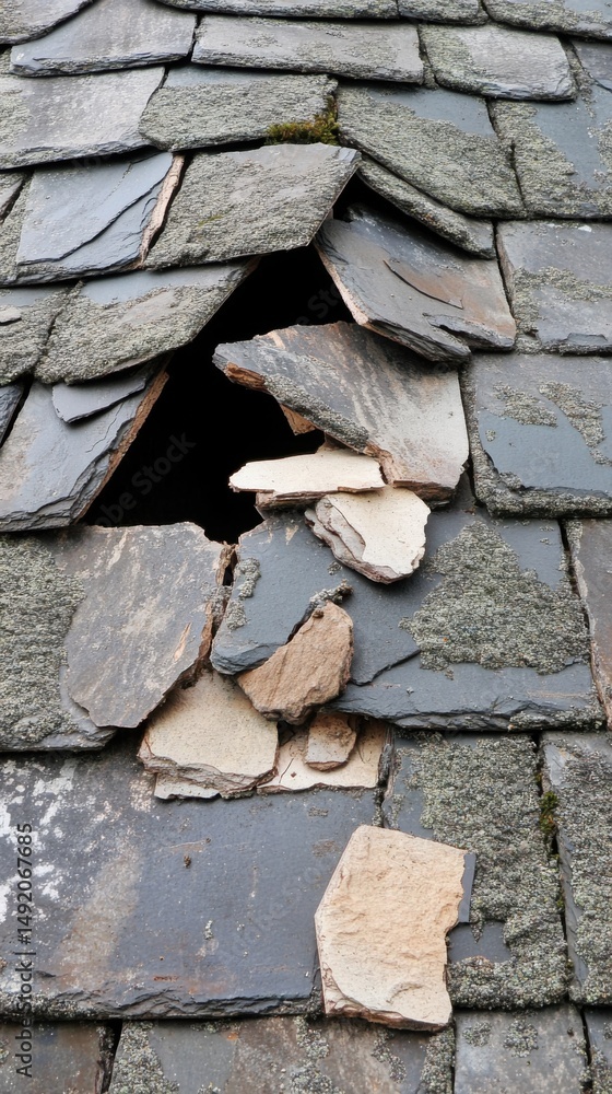 Poster damaged slate roof with a hole close up view showing missing tiles and moss growth on weathered surf