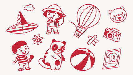 Collection of Cute Red Line Art Illustrations Kids Animals Travel Summer Fun Icons Sailboat Balloon Camera Beach Ball