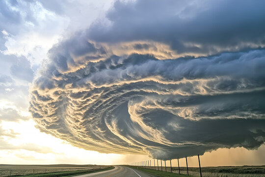 Dramatic shelf cloud rolling over plains highway sunset
