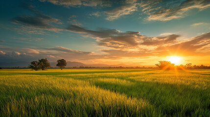 Obraz premium 夕陽に照らされた緑豊かな田園風景と広がる稲穂