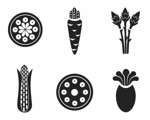 Black and White Vegetable Icon Set – Silhouette Pairs of Asparagus, Lotus Root, Eggplant, Carrot, Corn, Bell Pepper, Onion, Cabbage