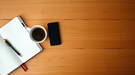 Cozy Morning Workspace with Coffee, Notebook, and Smartphone, Work From Home - AI Generated