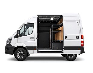 White Cargo Van With Open Door Showing Shelves and Boxes on White Background