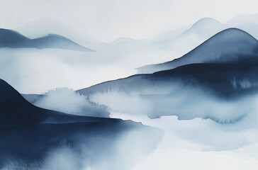 Watercolor Ink Wash with Blue, Gray, and Black Abstract Shapes  Minimalist Design Featuring Soft Edges, Light and Shadow, and Serene Fluid Movement in a Calm Impressionistic Style