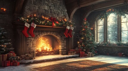 Obraz premium Festive hearth at Christmas with adorned mantel and illuminated ambiance indoors