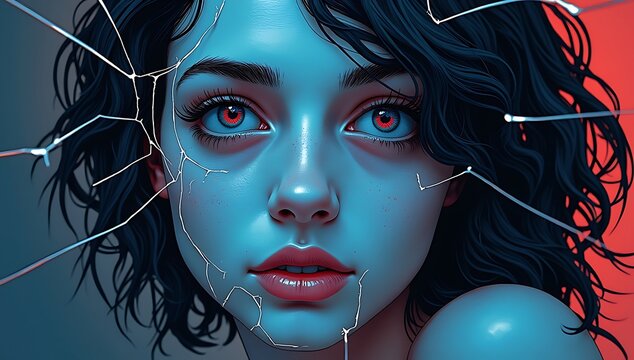Deepfake Dilemma An illustration showing a person looking into a cracked mirror, their reflection replaced by a digital mask.