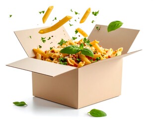 Pasta Dish With Basil Parmesan And Penne Pasta Emerging From Cardboard Box