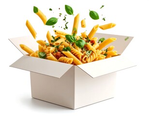 Pasta Dish Exploding Out Of A White Box On An Isolated Background