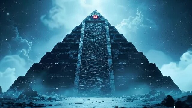 Ancient stone pyramid night sky illuminati background. 4K Video