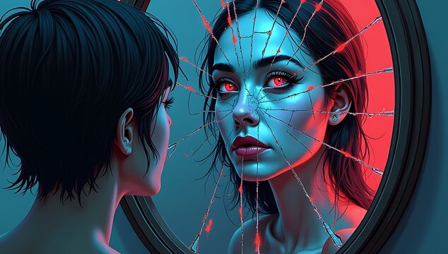 Deepfake Dilemma An illustration showing a person looking into a cracked mirror, their reflection replaced by a digital mask.