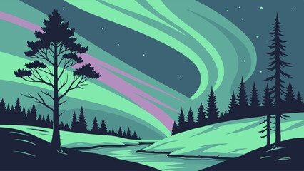 Stylized Aurora Borealis Northern Lights over Forest River Landscape Vector Art