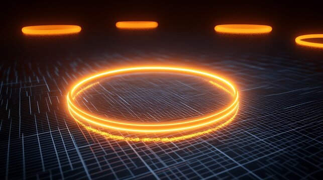 3D render of two glowing orange rings suspended above a dark grid surface.