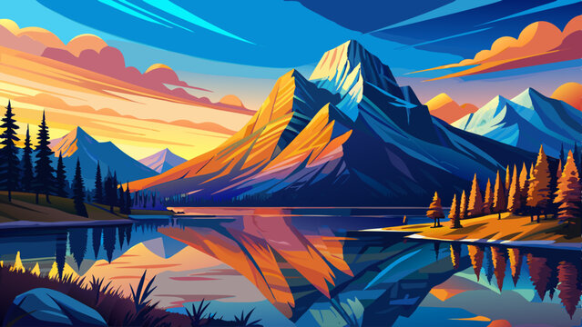 Sunrise on Mount Rundle with blue sky reflection on Rundle Forebay reservoir in autumn at Canmore