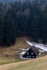 Lonely house in the eastern Sudeten Mountains of Poland. Mountain landscape