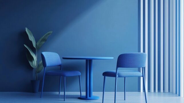 Neutral-toned dining area with blue table and matching chairs in a minimalist layout