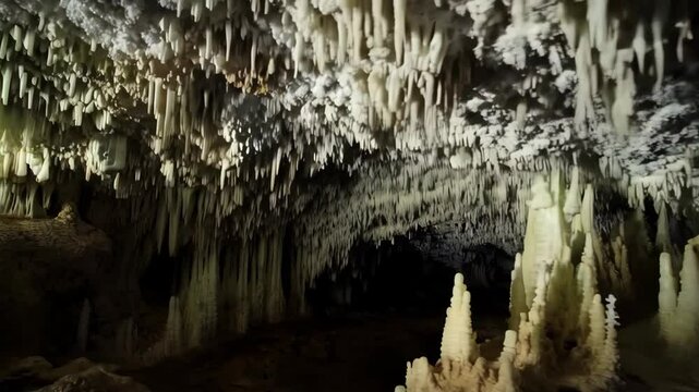 Cave interior featuring formations of stalactites and stalagmites, creating a dark cavern environment with limestone mineral deposits.