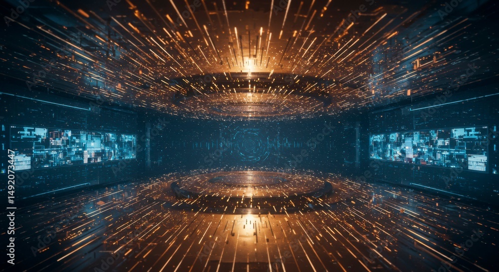 Poster futuristic digital environment with glowing lines converging towards a central point, surrounded by 