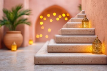 Serene steps illuminated by ornate lanterns leading to an inviting space adorned with lush greenery and warm bokeh lights creating an enchanting atmosphere evocative of traditional elegance