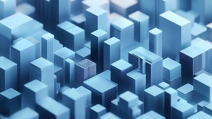 3D render depicts a futuristic, layered cityscape with numerous blue skyscrapers in a complex geometric arrangement.