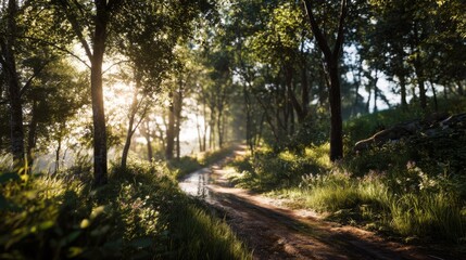 Sunlit Dirt Road Through Forest Trees, Evoking Natural Beauty and Escape for Travel and Outdoor Adventure : Generative AI