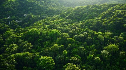 Aerial photograph showcases a dense, vibrant green forest canopy with several wind turbines.