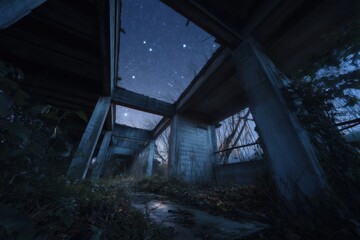 Fototapeta premium Abandoned Concrete Building Under Starry Night Sky, Showcasing Decay and Urban Exploration, Suitable for Real Estate Development and Architectural Preservation Projects : Generative AI