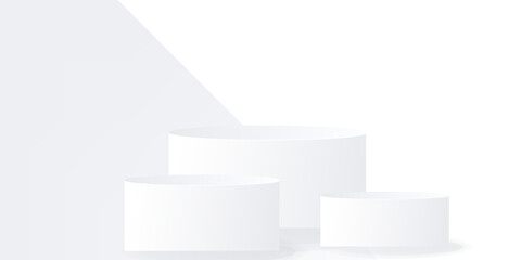 Realistic white, gray 3D cylinder stand podium with triangle overlap background. Vector luxury geometric forms