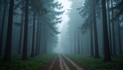 Fototapeta premium Hiking Trail Through a Foggy Forest with Tall Trees