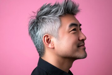 Obraz premium Idea of style for aging men. A soft and natural man with a glowing expression. Trendy men's spiky hair haircut - midlife asian man with short hair. Pink solid background.