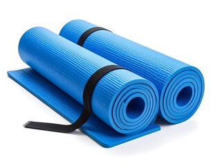 Rolled Blue Yoga Mats With Black Straps Isolated On White Background