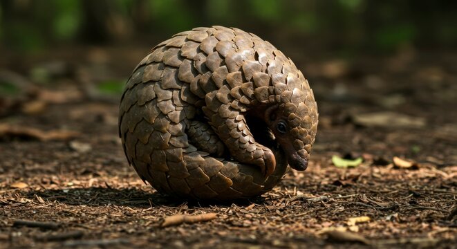A pangolin curled into a ball on the forest floor