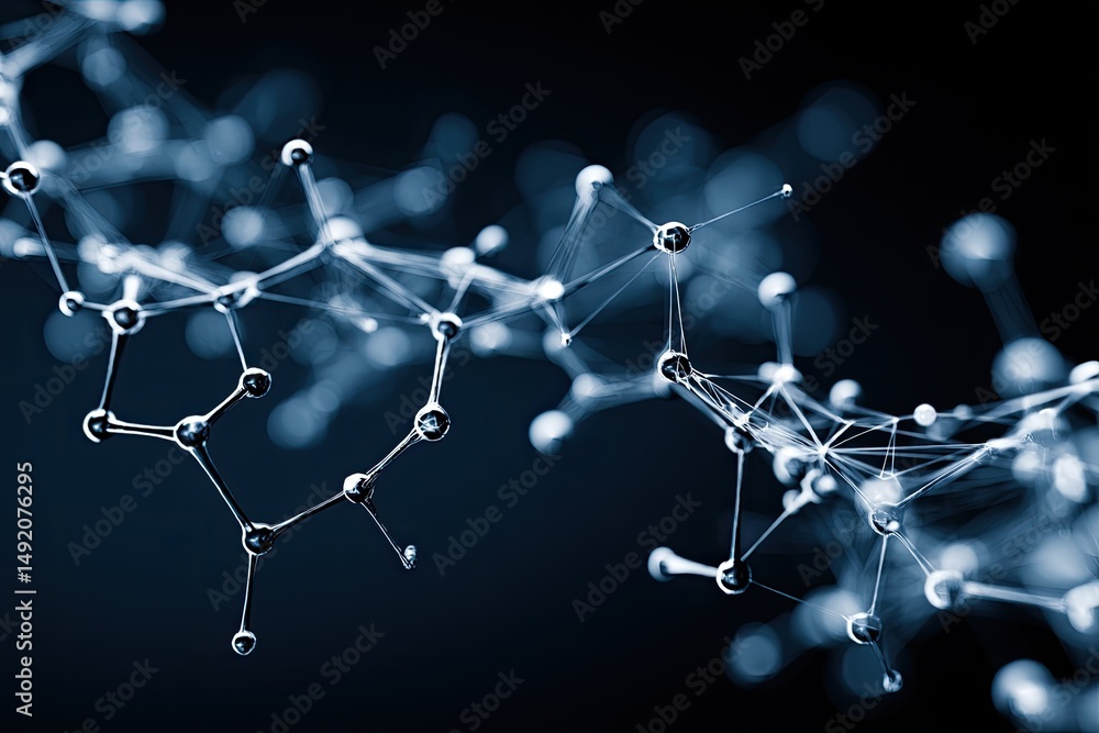 Poster molecular structure in motion. complex network of atoms connected by bonds