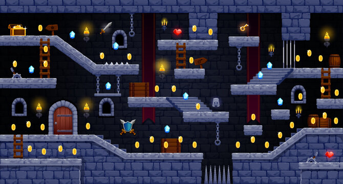 2d arcade game castle level map interface. Platform and stairs, coins bonus and wooden sign icons, vector UI. Cartoon video, mobile and computer 2d arcade game level map of castle rock walls, ladders
