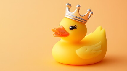 Photograph of yellow rubber duck with a silver crown sits on a warm orange background.