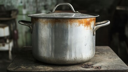 Old metal cooking pot with lid