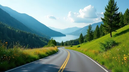 Naklejka premium Serene Winding Road Through Lush Mountain Valley Landscape Featuring Vibrant Wildflowers and a Tranquil Lake