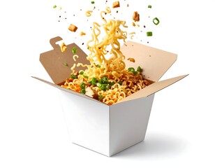 Noodles Exploding From White Takeout Box on a Clean White Background