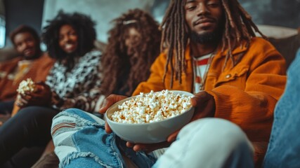 Friends with popcorn at home, enjoying time together.