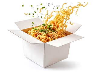 Noodles Pouring From A White Takeout Box on White Background Close Up Shot