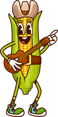 Cartoon groovy corn cob cowboy, sheriff and bandit vegetable character playing guitar. Isolated vector funny maize personage in western hat happily singing country song. Farm wild west defender artist