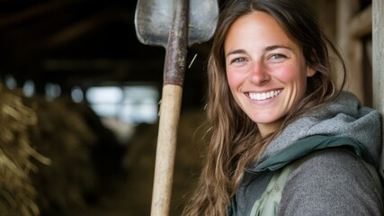 Smiling woman farmer holding a shovel on farm