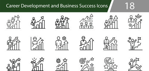 Career Development and Business Success Icon Set. Line Icons Representing Growth, Leadership, Goals, and Achievement in the Workplace. Vector illustration