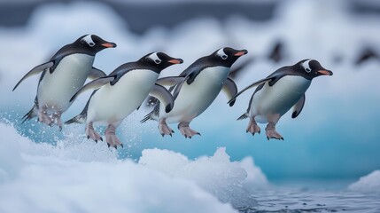 Obraz premium Group of penguins joyfully jumping on icy landscape in antarctica