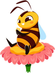 Cartoon honey bee character or cute honeybee sitting on flower, vector insect mascot for kids. Funny comic bee or bumblebee with happy face and resting on garden flower for kids cute insect mascot