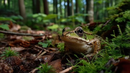 Obraz premium Close-Up of a Young Frog Resting on Damp Ground Surrounded by Botanical Debris in a Forest