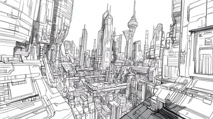 Fototapeta premium Photograph of black and white architectural illustration depicts a dense, futuristic cityscape with towering...