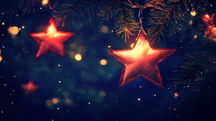 Festive holiday star ornaments on a Christmas tree